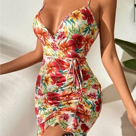 SHEIN Dresses & Skirts - Multicolor Tropical Floral Tie Waist Ruffled Sleeveless Bodycon Mini Dress NWOT